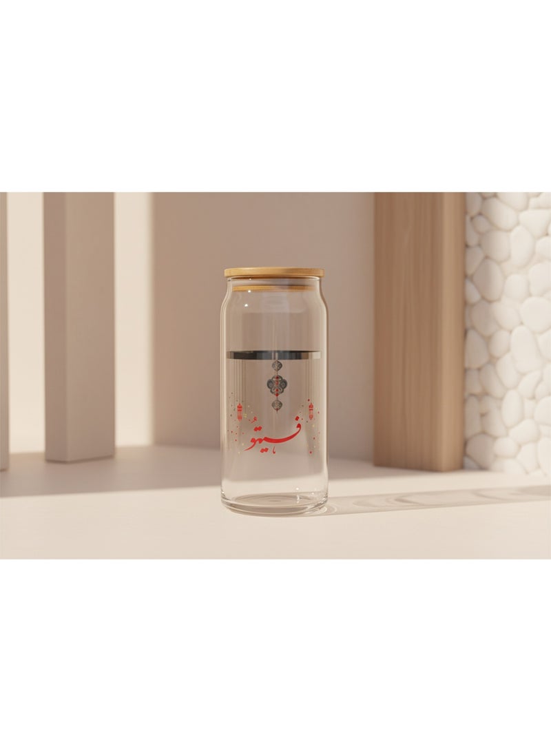 AKDC كوب زجاجي رمضاني مع قشة وغطاء، كوب زجاجي بسعة 550 مل - أحمر - Image 2